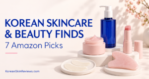 Korean Skincare & Beauty Finds banner with pink and blue skincare containers, a gua sha tool, and eye patches.